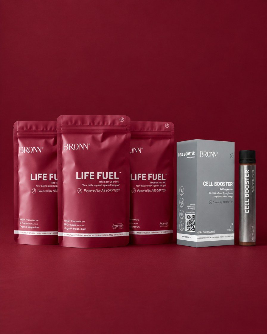 Three pouches of LIFE FUEL™ and a CELL BOOSTER™ 6-pack on bordeaux