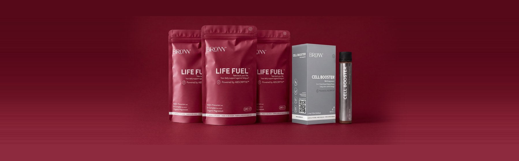 Three pouches of LIFE FUEL™ and a CELL BOOSTER™ 6-pack