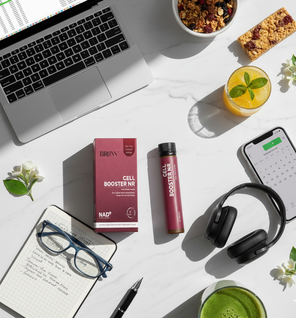 Laptop, snacks, and health products on a white surface