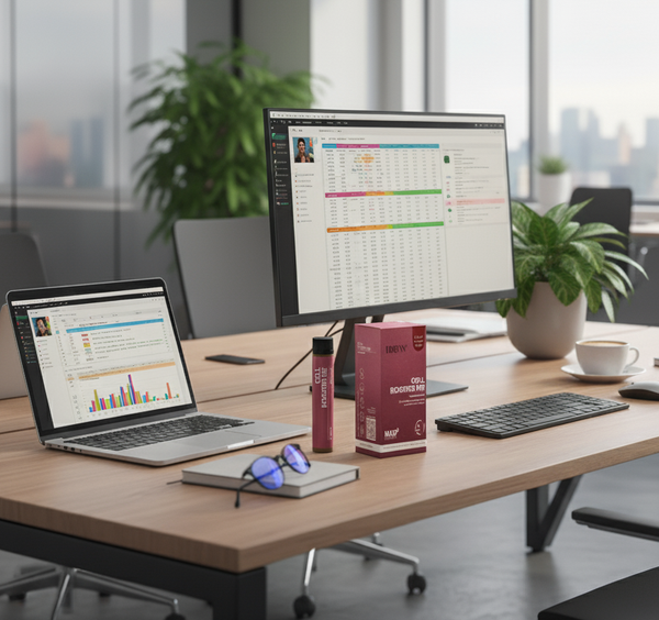 Modern office desk with computer setup, including a laptop and monitor, in a bright room.