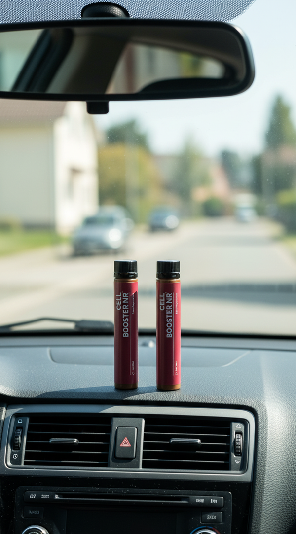 Two red bottles with black caps on a car dashboard.