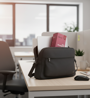 Black backpack with books on a desk in an office setting