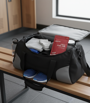 Black duffel bag with clothes and a red packet on a wooden bench.