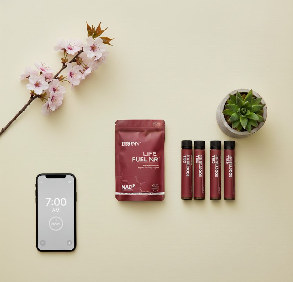 Life Fuel NR package with a smartphone displaying 7:00 AM, a plant, and a small bowl on a beige background