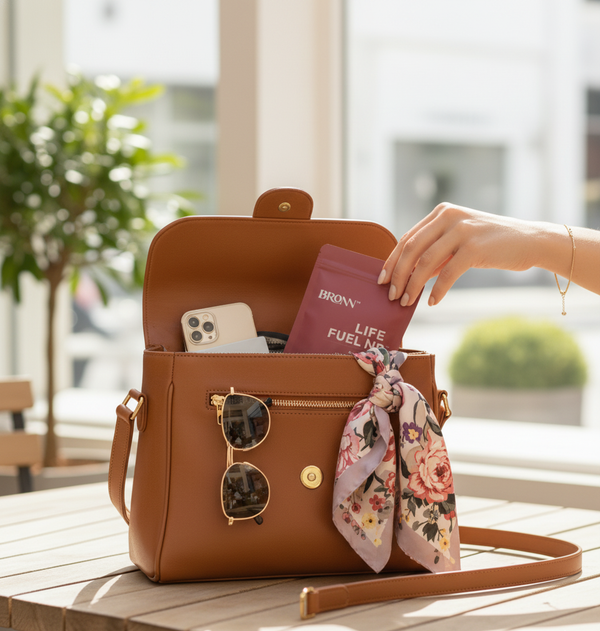 Brown leather handbag with sunglasses and a floral scarf on a wooden table, blurred background