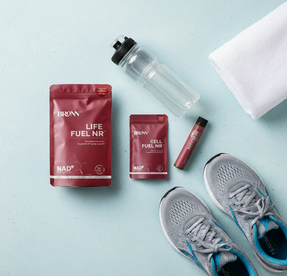 Supplement packages, water bottle, and running shoes on a light blue background