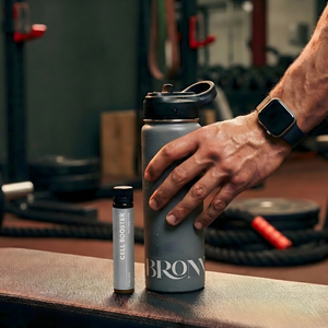 Person holding a gray water bottle with 'Brow' branding in a gym setting