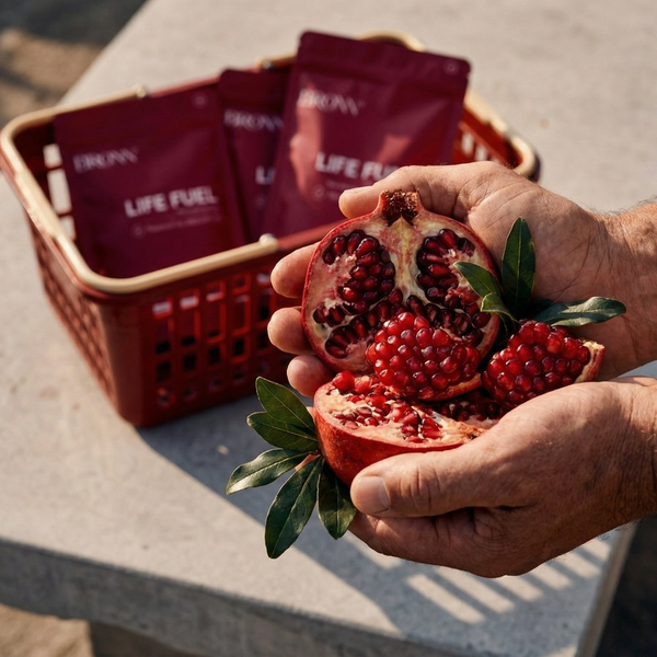 Person holding a pomegranate with 'LIFE FUEL' packets in the background