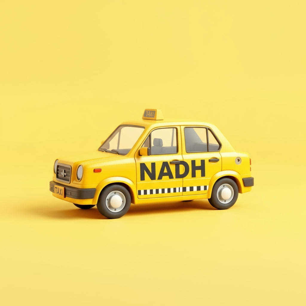 Yellow taxi toy with 'NADH' branding on a yellow background