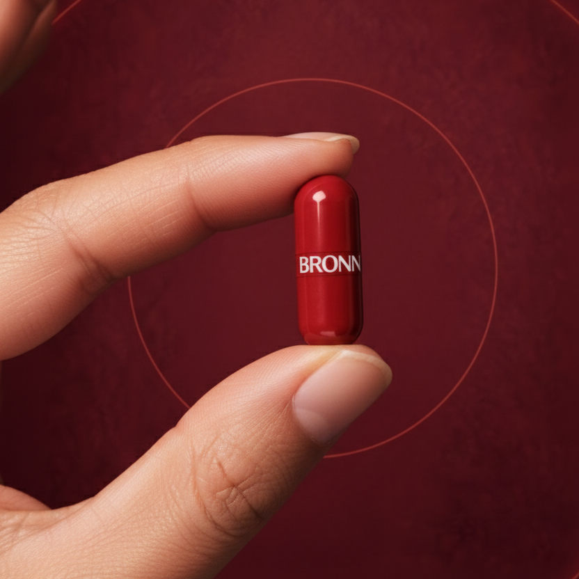 Red capsule with 'BRONN' branding held between fingers against a red background