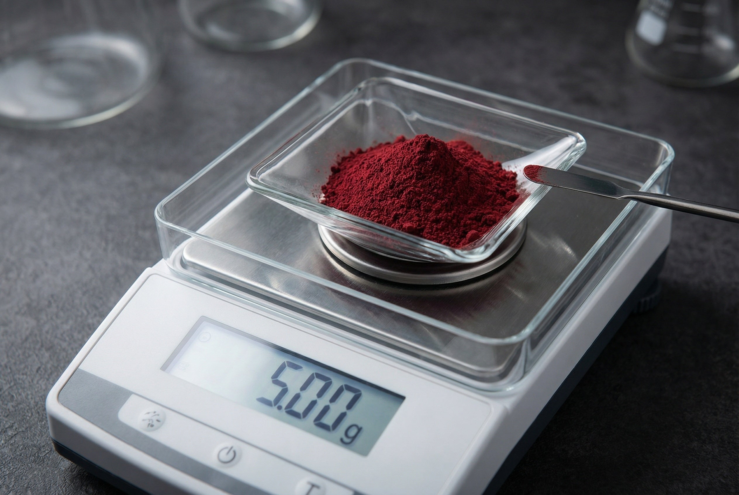 Red powder in a small dish on a digital scale with a spoon