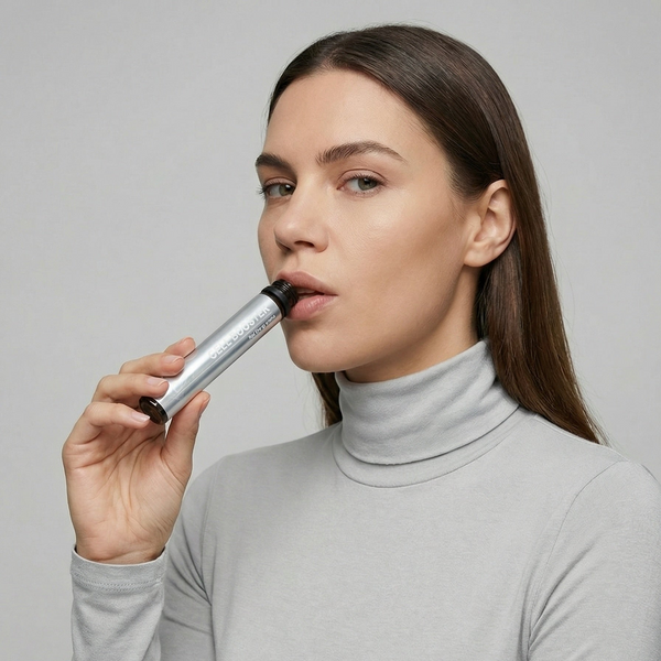 Woman applying a black lip product with a silver applicator against a gray background