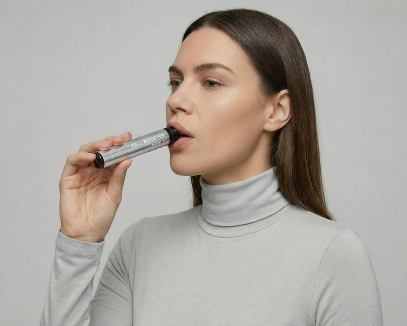 Woman using a lip balm with a gray background