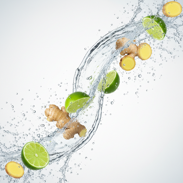 Ginger and lime slices with water splash on a light gray background