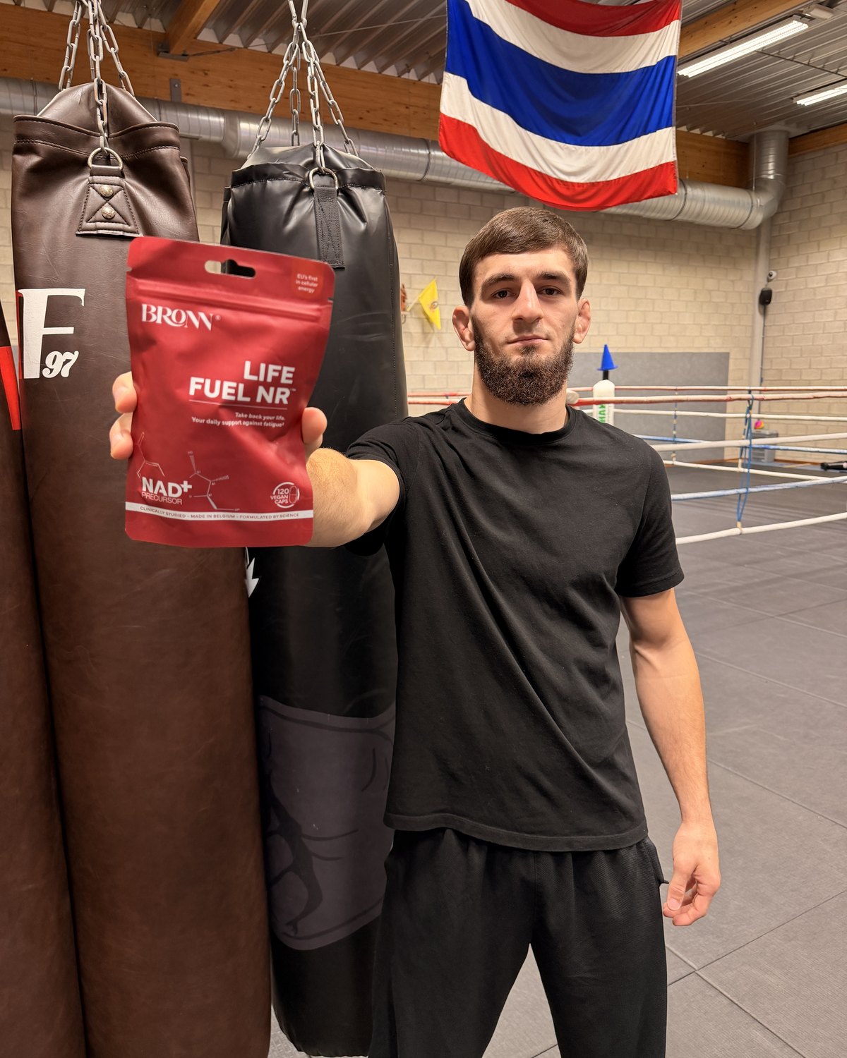 Alvi Dasuyev in the gym with a pouch of LIFE FUEL&trade;