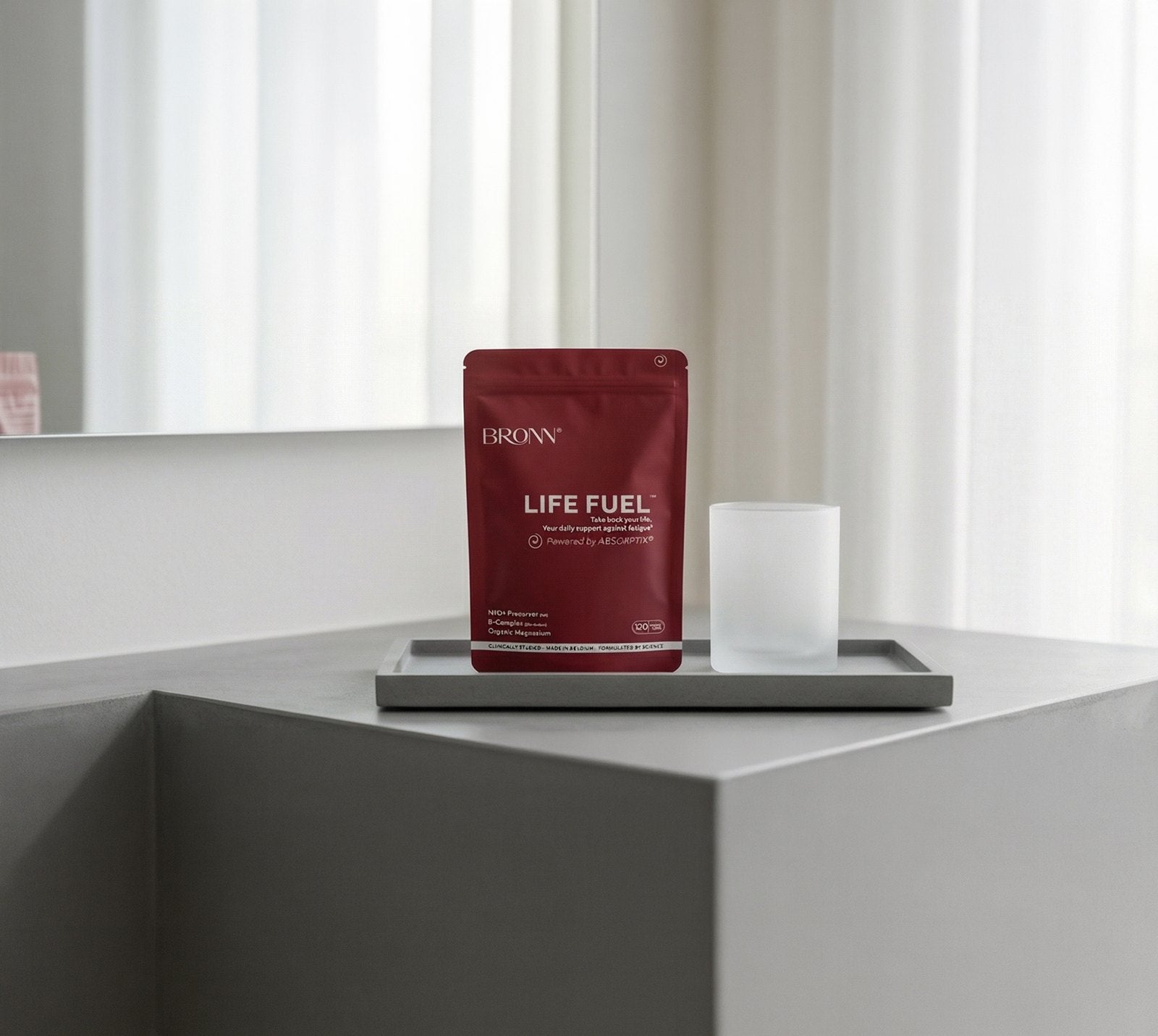 A pouch of LIFE FUEL&trade; on a tray at home
